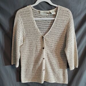 David Brooks Small Silk Linen Blend Beige Crochet Cardigan